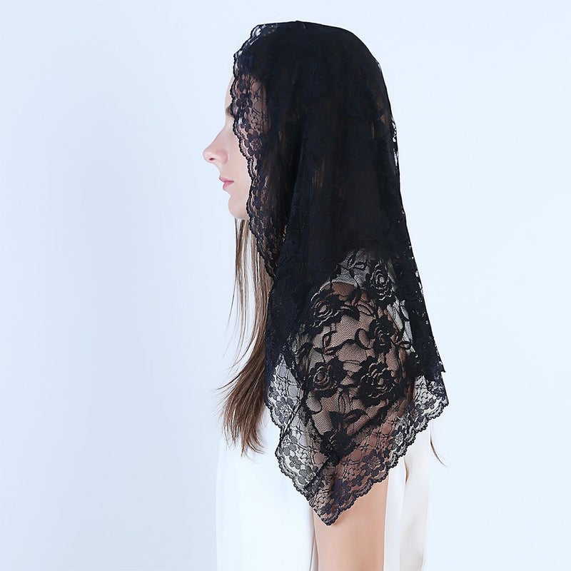 TREORSI Lace Mantilla Catholic Chapel Veil Head Covering for Church - Latin Mass (Black) - Image 3